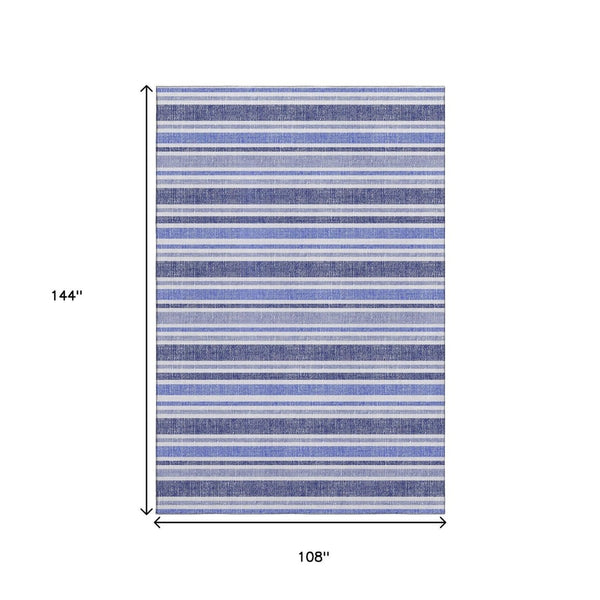 HomeRoots 9' X 12' Striped Blue and Ivory Washable Area Rug with UV Protection for Homes with Kids & Pets 647787