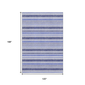 HomeRoots 10' X 14' Blue And Ivory Striped Washable Area Rug – Soft, Stain Resistant, UV Protected for Homes 647788