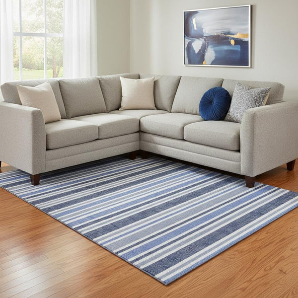 HomeRoots 10' X 14' Blue And Ivory Striped Washable Area Rug – Soft, Stain Resistant, UV Protected for Homes 647788