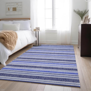 HomeRoots 10' X 14' Blue And Ivory Striped Washable Area Rug – Soft, Stain Resistant, UV Protected for Homes 647788