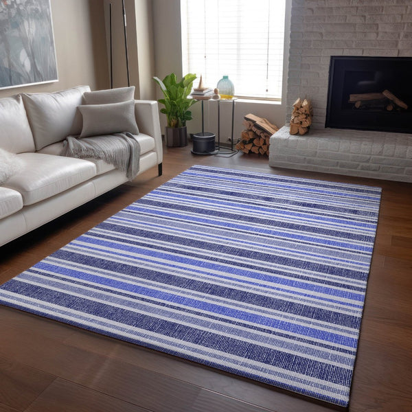 HomeRoots 10' X 14' Blue And Ivory Striped Washable Area Rug – Soft, Stain Resistant, UV Protected for Homes 647788