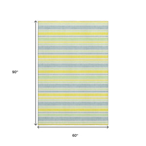 HomeRoots 5' X 8' Coastal Denim Blue & Yellow Striped Area Rug - Washable, UV Protected, Perfect for Homes! 647790