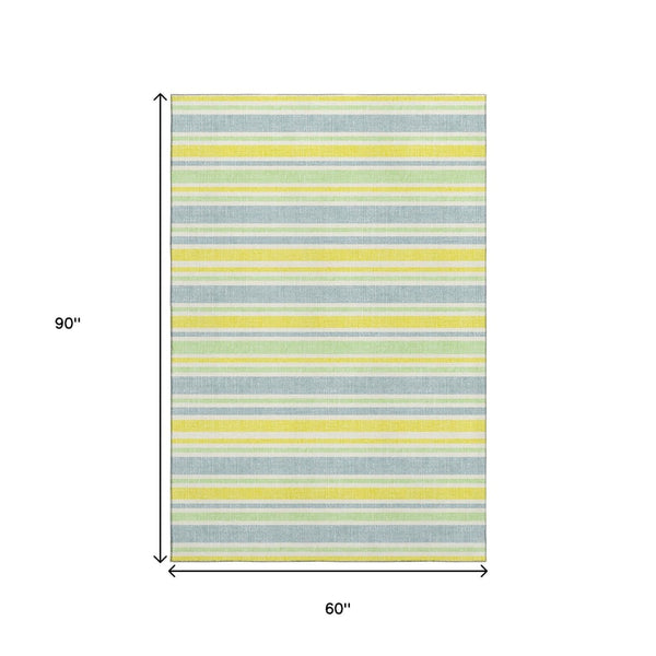 HomeRoots 5' X 8' Coastal Denim Blue & Yellow Striped Area Rug - Washable, UV Protected, Perfect for Homes! 647790