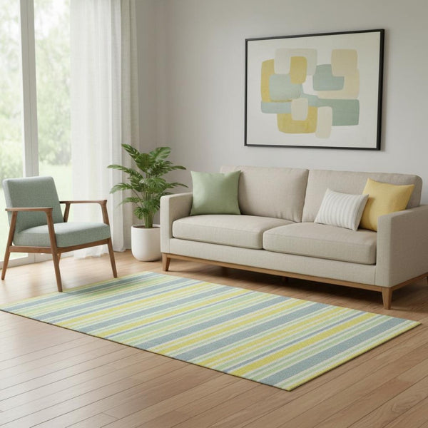 HomeRoots 5' X 8' Coastal Denim Blue & Yellow Striped Area Rug - Washable, UV Protected, Perfect for Homes! 647790