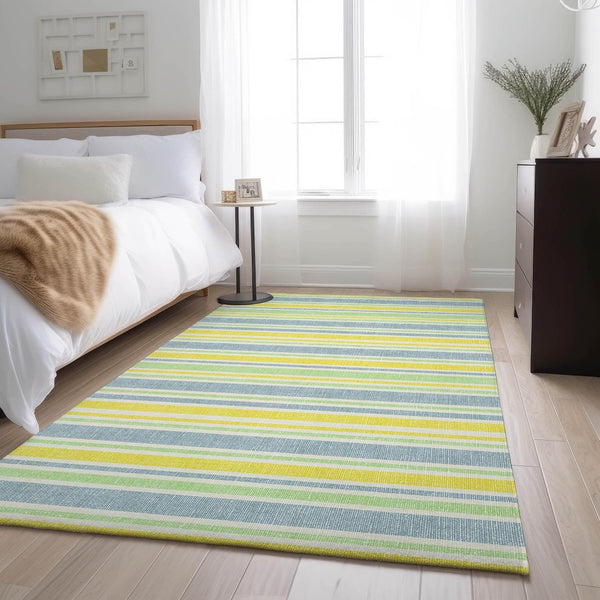 HomeRoots 5' X 8' Coastal Denim Blue & Yellow Striped Area Rug - Washable, UV Protected, Perfect for Homes! 647790