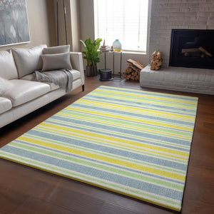 HomeRoots 5' X 8' Coastal Denim Blue & Yellow Striped Area Rug - Washable, UV Protected, Perfect for Homes! 647790