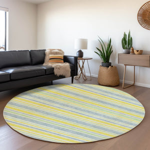 HomeRoots 8' Denim Blue & Yellow Striped Washable Round Rug – Durable, UV Protected, Perfect for Busy Homes! 647791