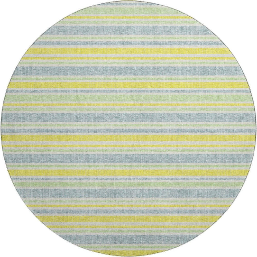 HomeRoots 8' Denim Blue & Yellow Striped Washable Round Rug – Durable, UV Protected, Perfect for Busy Homes! 647791