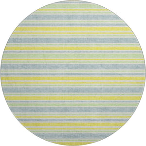 HomeRoots 8' Denim Blue & Yellow Striped Washable Round Rug – Durable, UV Protected, Perfect for Busy Homes! 647791