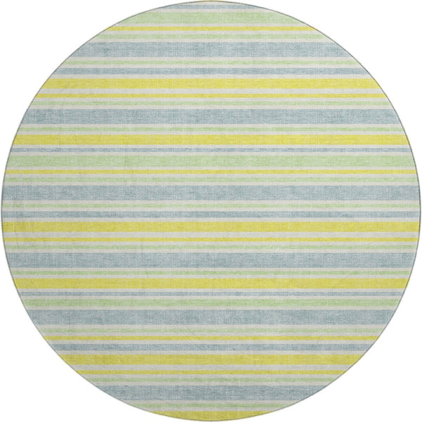 HomeRoots 8' Denim Blue & Yellow Striped Washable Round Rug – Durable, UV Protected, Perfect for Busy Homes! 647791