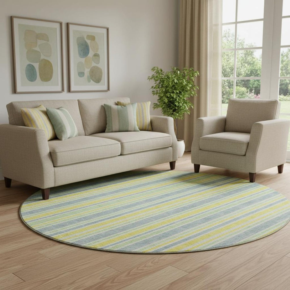 HomeRoots 8' Denim Blue & Yellow Striped Washable Round Rug – Durable, UV Protected, Perfect for Busy Homes! 647791