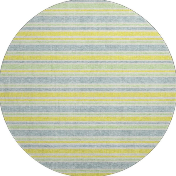 HomeRoots 8' Denim Blue & Yellow Striped Washable Round Rug – Durable, UV Protected, Perfect for Busy Homes! 647791