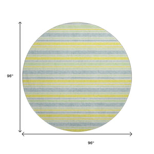 HomeRoots 8' Denim Blue & Yellow Striped Washable Round Rug – Durable, UV Protected, Perfect for Busy Homes! 647791