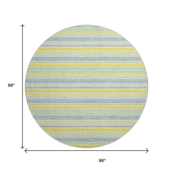HomeRoots 8' Denim Blue & Yellow Striped Washable Round Rug – Durable, UV Protected, Perfect for Busy Homes! 647791
