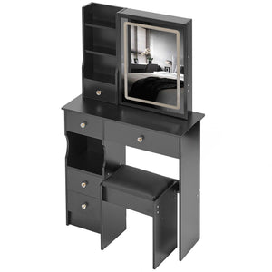 English Elm 29.2" Compact Left Drawer Vanity Table With Cushioned Stool, Touch Control Led Mirror & Storage Solution W936P202449