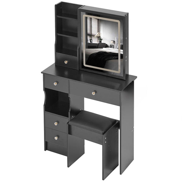 English Elm 29.2" Compact Left Drawer Vanity Table With Cushioned Stool, Touch Control Led Mirror & Storage Solution W936P202449
