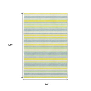 HomeRoots 8' X 10' Stylish Denim Blue & Yellow Striped Washable Area Rug with UV Protection for High-Traffic Spaces 647792