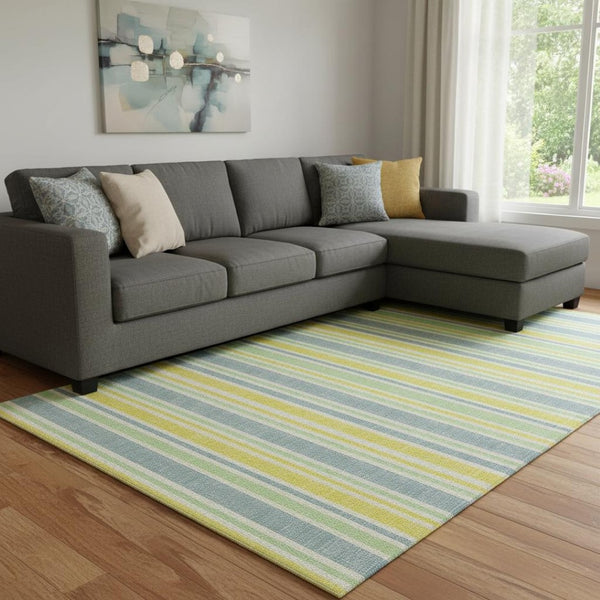 HomeRoots 8' X 10' Stylish Denim Blue & Yellow Striped Washable Area Rug with UV Protection for High-Traffic Spaces 647792