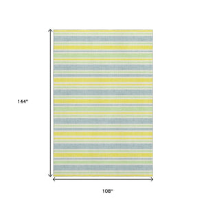 HomeRoots 9' X 12' Denim Blue & Yellow Striped Washable Area Rug – Durable, UV-Protected, Easy-Care Design! 647793