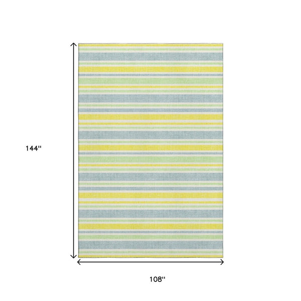 HomeRoots 9' X 12' Denim Blue & Yellow Striped Washable Area Rug – Durable, UV-Protected, Easy-Care Design! 647793