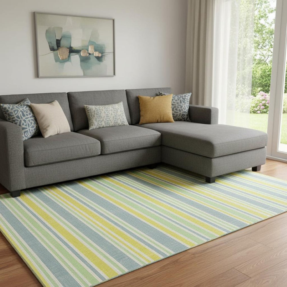 HomeRoots 9' X 12' Denim Blue & Yellow Striped Washable Area Rug – Durable, UV-Protected, Easy-Care Design! 647793
