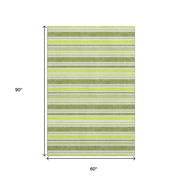 HomeRoots 5' X 8' Stylish Fern Green & Ivory Striped Washable Area Rug with UV Protection for Busy Homes 647796
