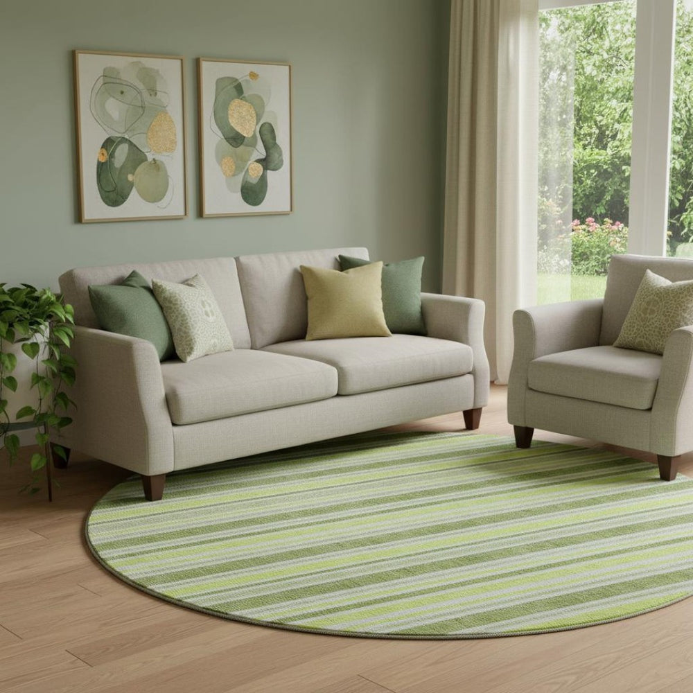 HomeRoots 8' Fern Green and Ivory Striped Round Washable Rug with UV Protection for Style and Durability 647797