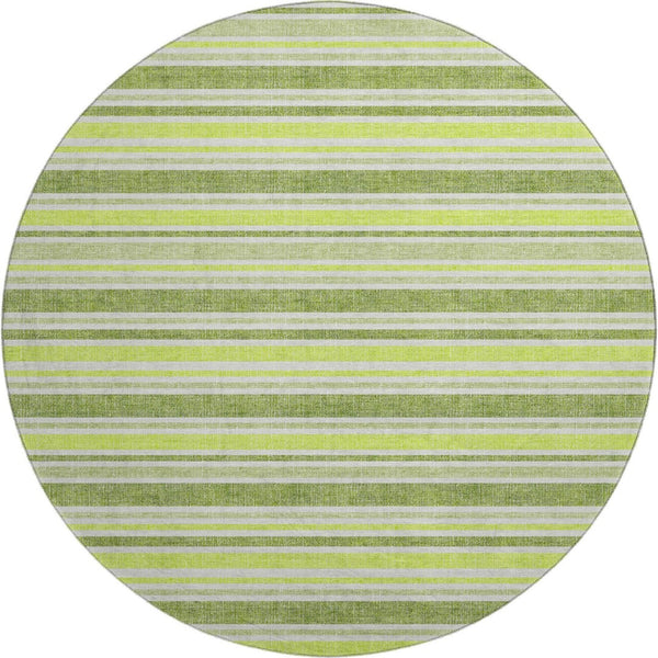 HomeRoots 8' Fern Green and Ivory Striped Round Washable Rug with UV Protection for Style and Durability 647797