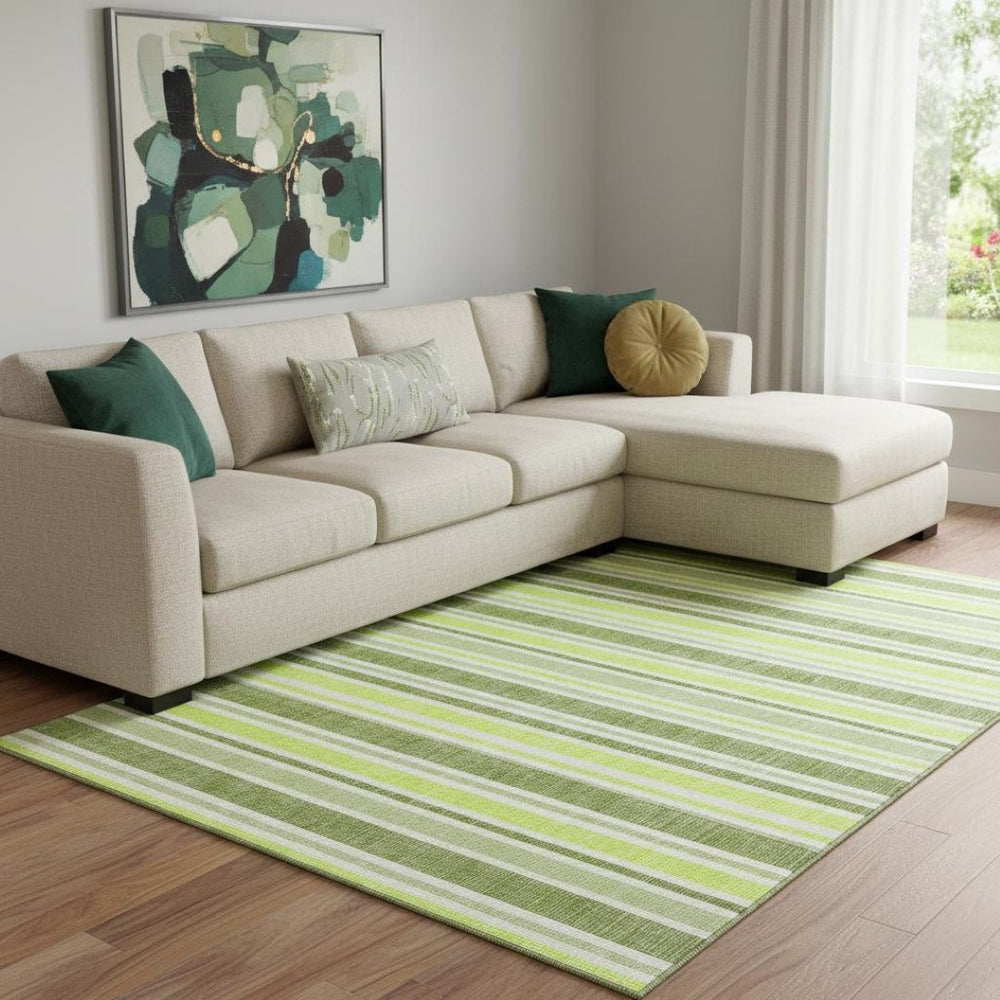 HomeRoots 8' X 10' Fern Green & Ivory Striped Washable Area Rug with UV Protection for Busy Homes & Pets 647798
