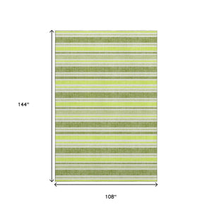 HomeRoots 9' X 12' Fern Green & Ivory Striped Washable Area Rug - UV Protected, Stain Resistant for Any Space 647799