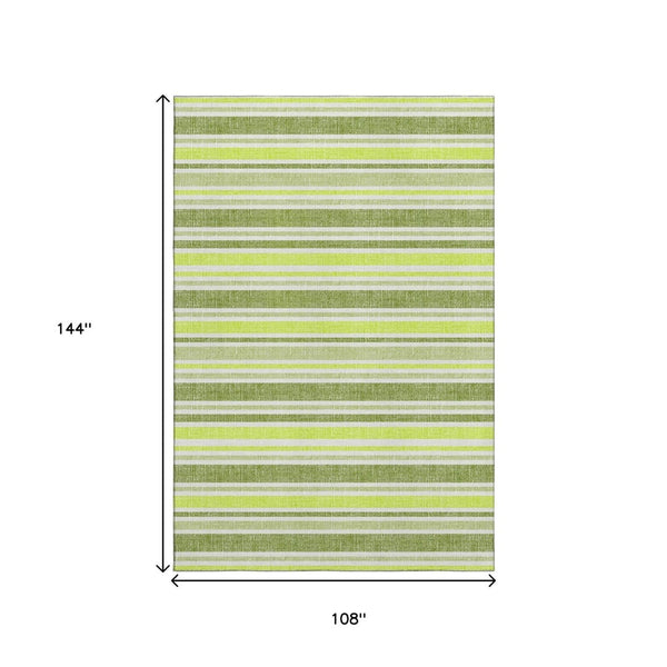 HomeRoots 9' X 12' Fern Green & Ivory Striped Washable Area Rug - UV Protected, Stain Resistant for Any Space 647799