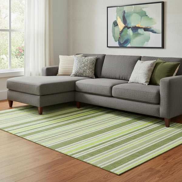 HomeRoots 9' X 12' Fern Green & Ivory Striped Washable Area Rug - UV Protected, Stain Resistant for Any Space 647799