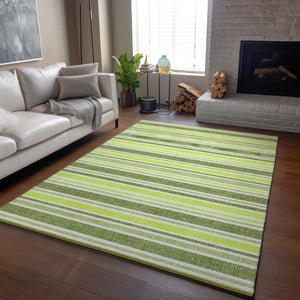 HomeRoots 9' X 12' Fern Green & Ivory Striped Washable Area Rug - UV Protected, Stain Resistant for Any Space 647799
