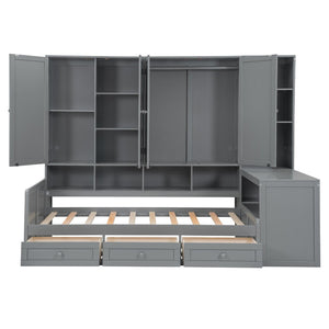 English Elm Twin Size Wooden Daybed With Integrated Desk, Storage Drawers, And Shelves - Stylish Gray Design! N820S00054E-GIGA