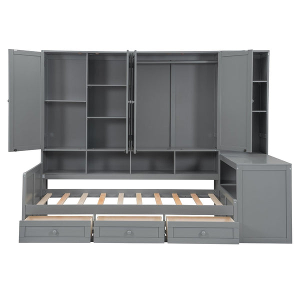 English Elm Twin Size Wooden Daybed With Integrated Desk, Storage Drawers, And Shelves - Stylish Gray Design! N820S00054E-GIGA