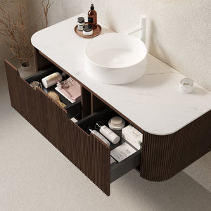 English Elm Dina 48" Wall-Mounted Bathroom Vanity With Curved Edges, White Round Sink & Dark Walnut Storage Cabinet W2615S00126
