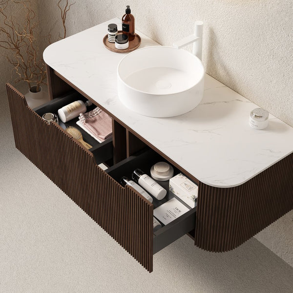 English Elm Dina 48" Wall-Mounted Bathroom Vanity With Curved Edges, White Round Sink & Dark Walnut Storage Cabinet W2615S00126