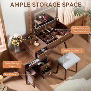 English Elm 3-in-1 Vanity Desk with LED Flip Mirror, Compact Makeup/Dressing Table with Storage Drawers & Stool Walnut N844P291656W