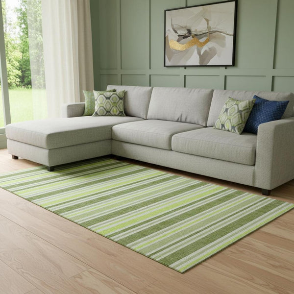 HomeRoots 10' X 14' Fern Green & Ivory Striped Washable Area Rug – Stain Resistant, UV Protected & Stylish 647800