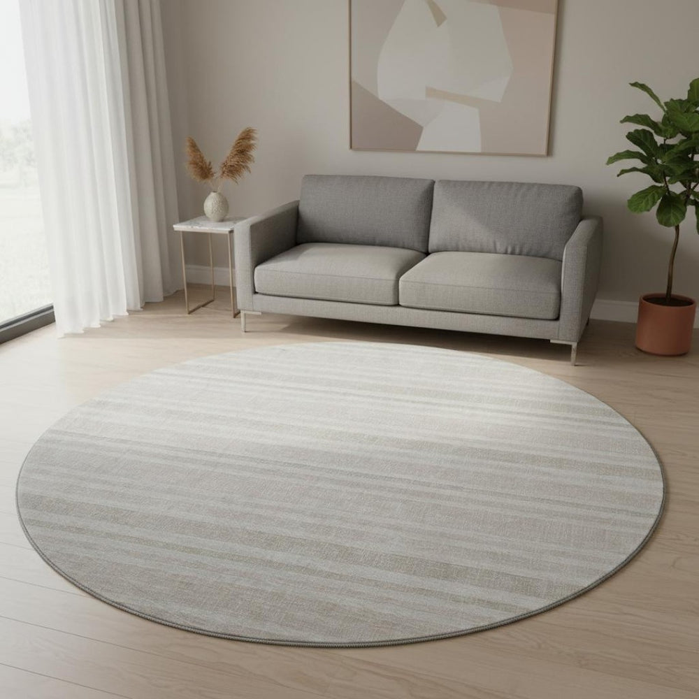 HomeRoots 8' Striped Washable Round Rug with UV Protection – Durable Ivory & Gray Design for Busy Homes 647815