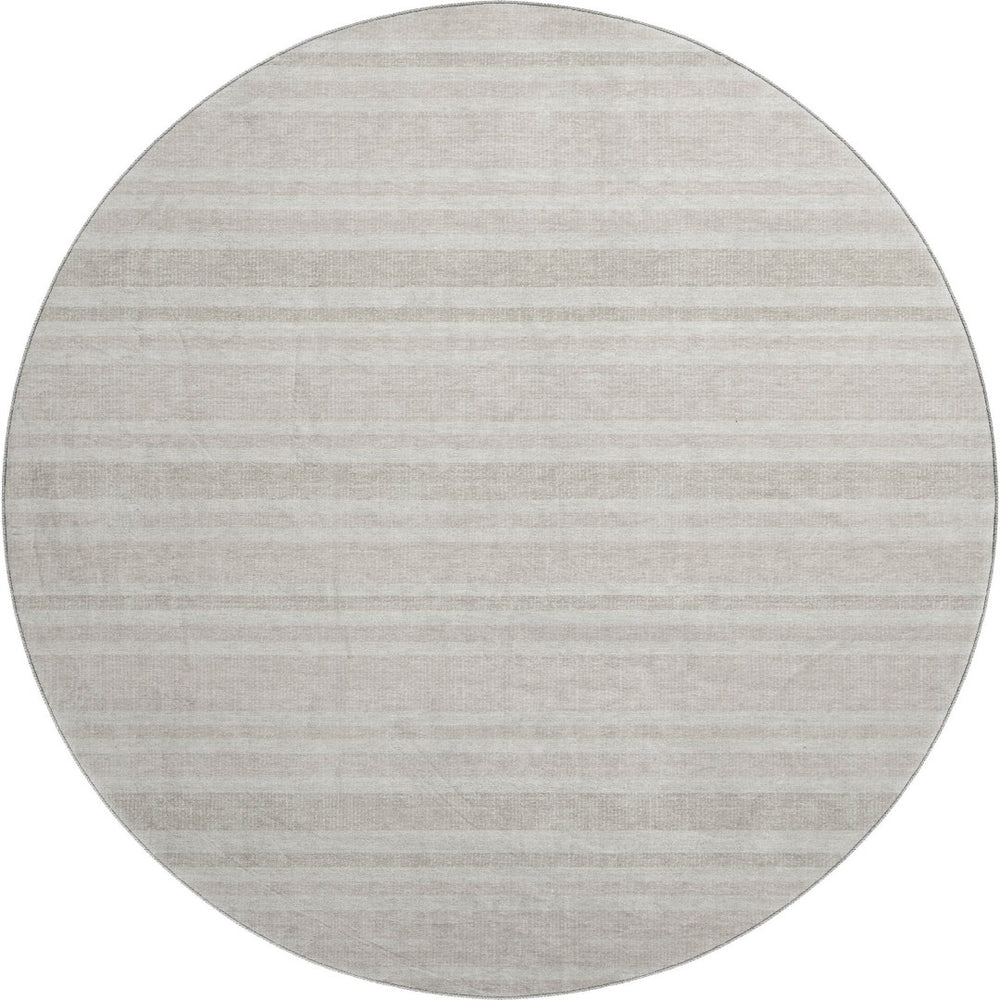 HomeRoots 8' Striped Washable Round Rug with UV Protection – Durable Ivory & Gray Design for Busy Homes 647815