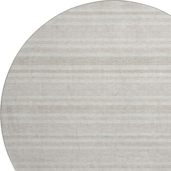 HomeRoots 8' Striped Washable Round Rug with UV Protection – Durable Ivory & Gray Design for Busy Homes 647815