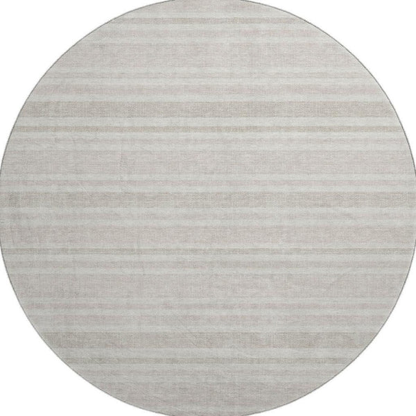 HomeRoots 8' Striped Washable Round Rug with UV Protection – Durable Ivory & Gray Design for Busy Homes 647815