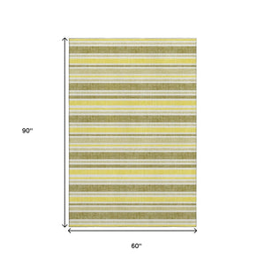 HomeRoots 5' X 8' Washable Khaki and Gold Striped Area Rug with UV Protection for Stylish, Durable Living Spaces 647820