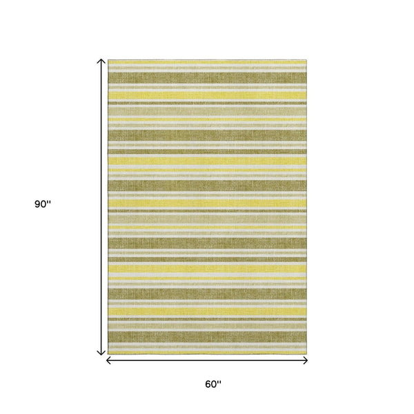 HomeRoots 5' X 8' Washable Khaki and Gold Striped Area Rug with UV Protection for Stylish, Durable Living Spaces 647820