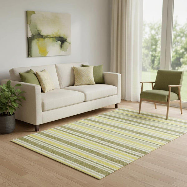 HomeRoots 5' X 8' Washable Khaki and Gold Striped Area Rug with UV Protection for Stylish, Durable Living Spaces 647820