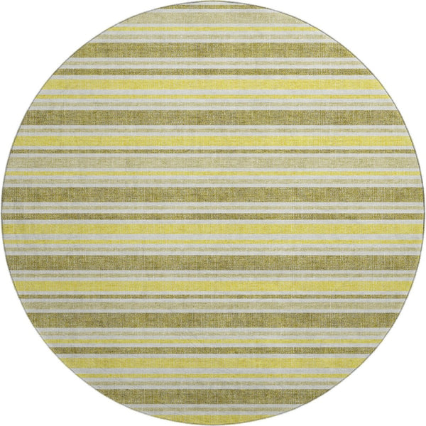 HomeRoots 8' Khaki And Gold Striped Round Rug - Washable, UV-Protected, Durable Design for Busy Homes 647821