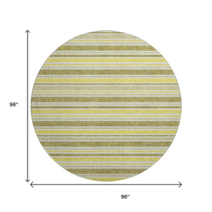 HomeRoots 8' Khaki And Gold Striped Round Rug - Washable, UV-Protected, Durable Design for Busy Homes 647821