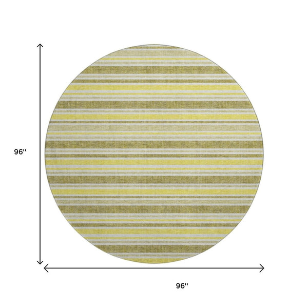 HomeRoots 8' Khaki And Gold Striped Round Rug - Washable, UV-Protected, Durable Design for Busy Homes 647821