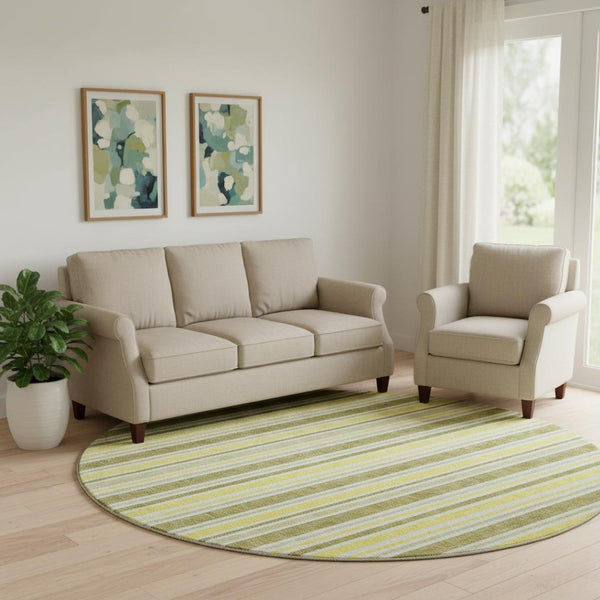 HomeRoots 8' Khaki And Gold Striped Round Rug - Washable, UV-Protected, Durable Design for Busy Homes 647821